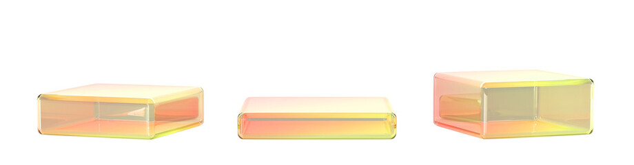 Poster - 3d glass transparent cube box product podium isolated render icon set. Crystal rainbow platform, block stand for goods display with light yellow red green holographic gradient texture