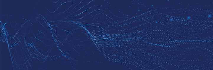 Poster - Futuristic dot wave. Abstract digital particle wave. Technology background. Colored musical wave. Dark background. Digital background with smooth, wavy curves. 3D vector illustration