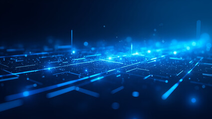 Flowing blue abstract lines converge to create a sense of direction, forming a futuristic technology background. A dynamic spark-like network grid adds depth and movement.