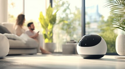 Aufkleber - Smart robot assistant engaging with family in a modern living room setting during daylight hours