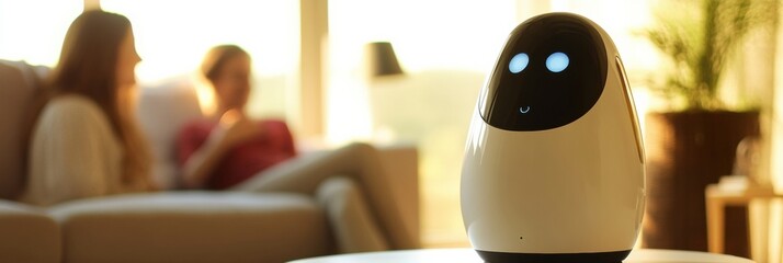 Leinwandbilder - Smart speaker enhances family interaction in modern living room setting