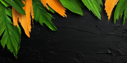 Aufkleber - Black background with green and orange leaves. The leaves are painted on the wall. The background is dark and the leaves are bright