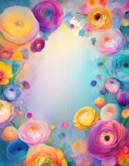 Wall Mural - A vibrant floral border of colorful ranunculus flowers with a bright gradient center, perfect for birthday cards, invitations, and social media posts.
