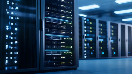 Poster - Dark Blue Server Room With Illuminated Racks in a Data Center With Bright Led Lights