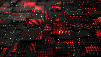Poster - Futuristic Red And Black Digital Circuit Board With Glowing Lights In Complex Technological Network Abstract Background For Data Processing