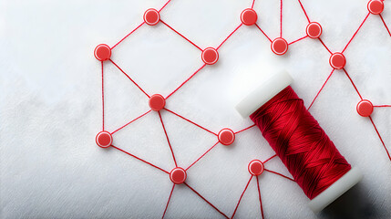 Poster - Red Thread Connecting Network Nodes On White Surface With Creative Geometric Pattern