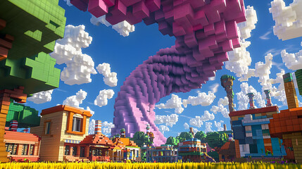 Poster - Voxel Cityscape with Pink Pixel Tornado Over Buildings and Green Trees Under a Blue Sky and White Clouds