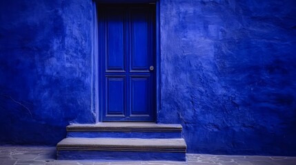 Poster - Blue door with a wooden frame is standing in front of a blue wall. The door is open and the steps leading up to it are visible. The blue color of the door and the wall creates a sense of calmness