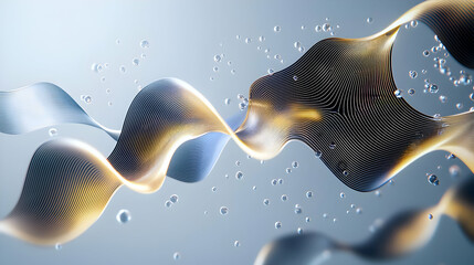 Poster - Dynamic Abstract Art: Black and Gold Patterned Ribbons Flowing with Dots in a Blue Gradient Background with Light and Shadow Effects