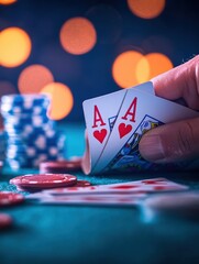 Fototapete - Dramatic close up of a royal flush hand winning at a poker table amid vibrant casino lights