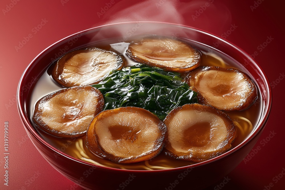 A warm bowl of ramen is presented, featuring rich, savory broth topped with tender pork slices and fresh green vegetables. Steam rises, highlighting the dishs inviting aroma.