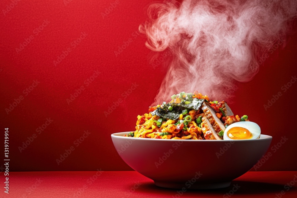 A vibrant bowl filled with steaming noodles is presented against a striking red background.