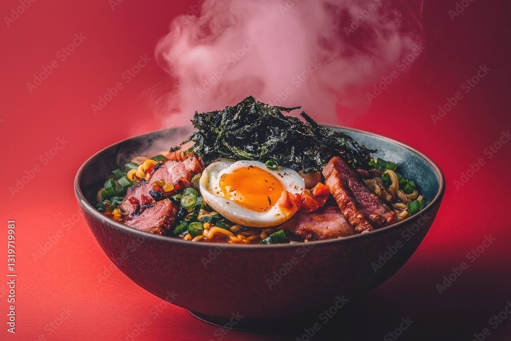 A steaming bowl of ramen sits on a surface with a bold red backdrop. Topped with slices of meat, a soft-boiled egg, and seaweed, this dish is an inviting feast perfect for any ramen lover.