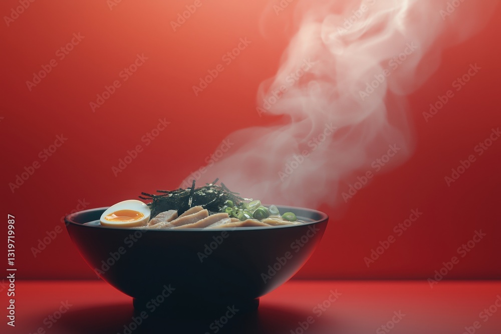 A steaming bowl of ramen features slices of meat, a soft-cooked egg, and seaweed on top. The vibrant red background enhances the cozy atmosphere surrounding the dish.