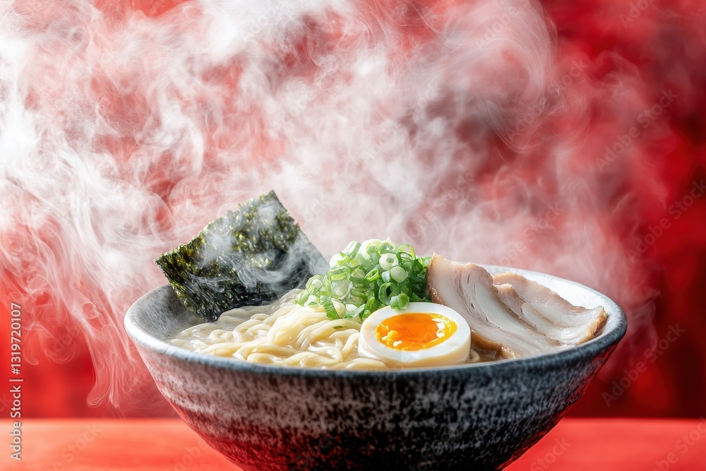Delicate noodles swirl in a deep bowl, topped with a soft-boiled egg, green onions, seaweed, and slices of tender meat. Steam rises, creating a warm, inviting atmosphere.