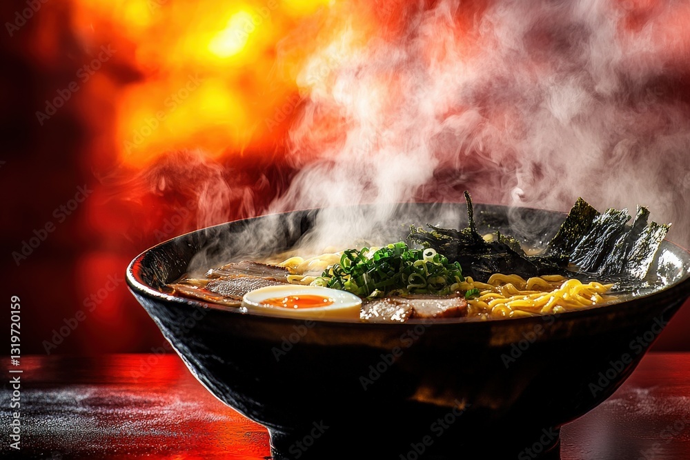 A beautiful bowl of ramen steams with a rich broth, topped with sliced pork, green onions, seaweed, and a soft-boiled egg. The warm lighting creates a cozy atmosphere perfect for enjoying this dish.