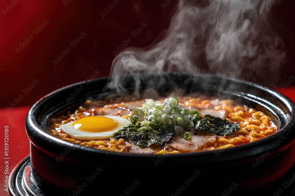A bowl of ramen filled with steaming noodles, topped with a perfectly cooked egg, green onions, and seaweed. The vibrant red background enhances the appetizing look of the dish.