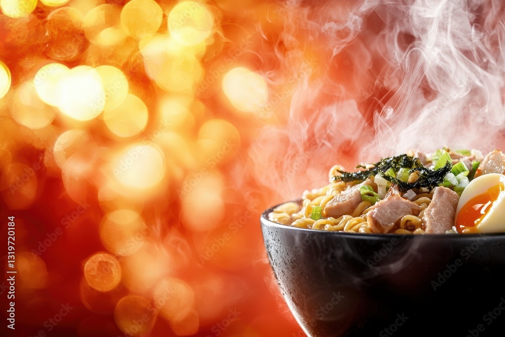 A steaming bowl of ramen is presented with toppings of sliced pork, green onions, and seaweed. The warm bokeh background enhances the cozy atmosphere. Ideal for food lovers.