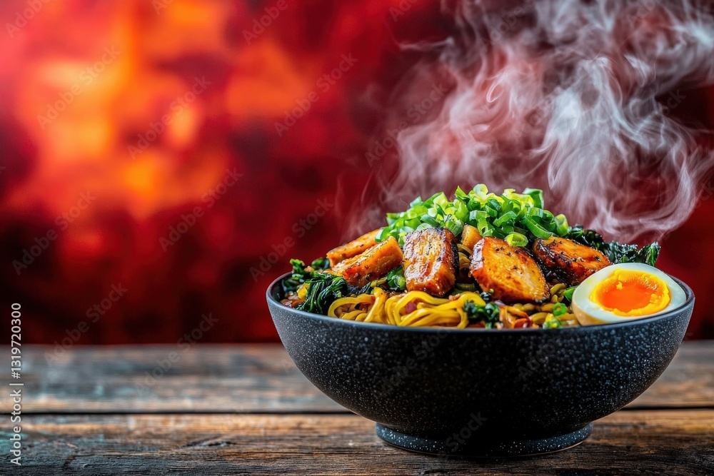 A steaming bowl filled with noodles, topped with tender grilled chicken pieces, vibrant greens, and a perfectly soft-boiled egg.