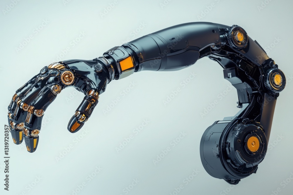 An advanced robotic arm is displayed with detailed mechanics and sleek design elements. This modern piece of technology highlights precision engineering and innovation in robotics.