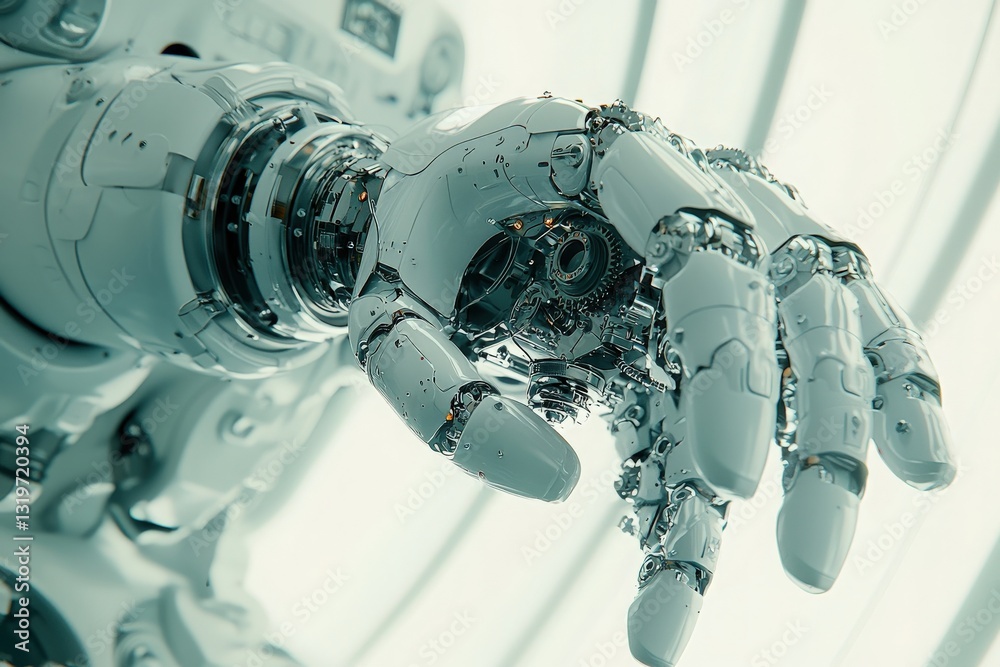 A close-up of a highly detailed robotic hand reveals its mechanical components and intricate design. The hand appears to be reaching out, reflecting advanced technology and craftsmanship.