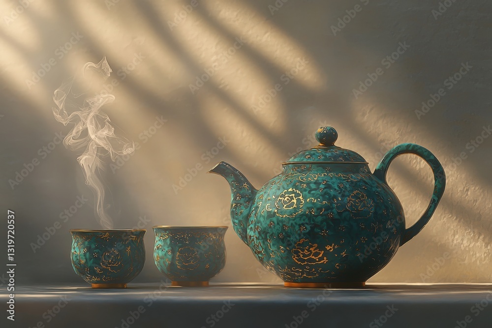 A beautifully crafted teal teapot adorned with golden floral designs stands beside two matching cups.