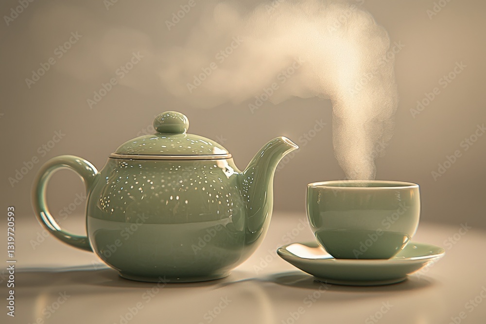 A light green teapot sits beside a matching cup on a simple saucer. Steam rises gently from the cup, creating a warm atmosphere, illuminated by soft light.