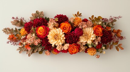 Poster - Bouquet of flowers with red and orange colors. The flowers are arranged in a long line, with some of them being roses. The bouquet is placed on a white background