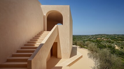 Poster - Building with a staircase leading up to it. The staircase is made of stone and is located on the side of a hill. The building is surrounded by trees and has a view of the mountains in the distance