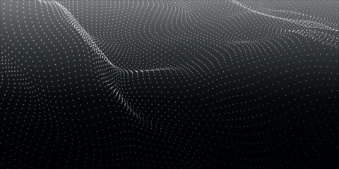 Poster - Futuristic dot wave. Abstract digital particle wave. Black and white music wave. Dark background. Digital background with smooth wavy curves. 3D vector illustration