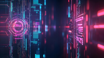 Poster - Abstract Digital Network Data Visualization With Glowing Pink And Blue Geometric Light Forms Against Dark Background