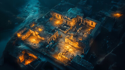 Wall Mural - drone photography: roman empire, shiny phosphor, playful light, aerial view, ancient ruins, night, g
