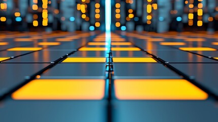 Aufkleber - Close up of a cityscape with bright orange and blue lights. The image has a futuristic and industrial feel to it