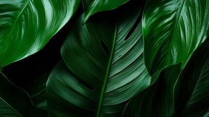 Poster - Close-up of a leafy green plant with a dark background. The plant is the main subject of the image, and it is a leafy green plant with a dark background. The leaves are large and vibrant