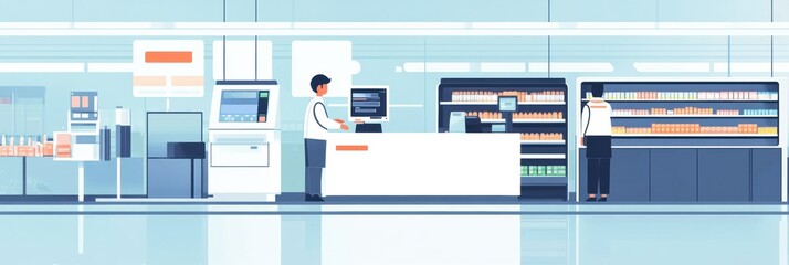 Poster - Smart cashier manages automated checkout process in a modern supermarket with a well designed layout