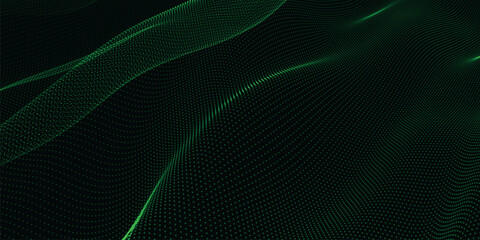 Fototapete - Futuristic dot wave. Abstract digital particle wave. Technology background. Colored musical wave. Dark background. Digital background with smooth, wavy curves. 3D vector illustration