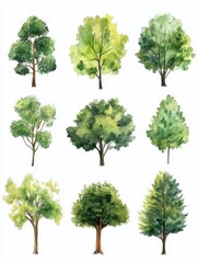 Set of watercolor green tree isolated on white background for landscape and architecture drawing, elements for environment and garden, botanical for section in spring.