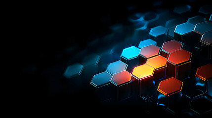 Poster - 3D Rendered Hexagonal Pattern With Gradient Blue and Orange Glow on a Dark Background With Abstract Design Technology Background