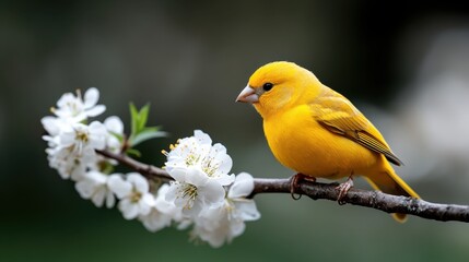  A bright yellow canary sits on a flowering branch, surrounded by delicate white petals, creating a stunning visual that embodies the joys of nature in full bloom.