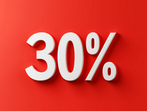 3D white text '30%' on a vibrant red background. Bright and modern discount promotion design for advertising, banners, and e-commerce