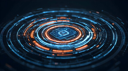 Poster - Abstract Futuristic Digital Circular Technology Background With Glowing Blue And Orange Neon Light Rings