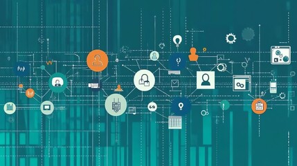 Aufkleber - Abstract Network of Connected Icons on Teal Background for Technology