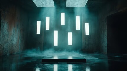 Aufkleber - Dark room with a foggy atmosphere. The room is lit by a series of lights, creating a mysterious and eerie mood