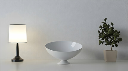 Poster - Minimalist Interior With White Surfaces And Decorative Objects Including A Table Lamp A Bowl And A Potted Plant