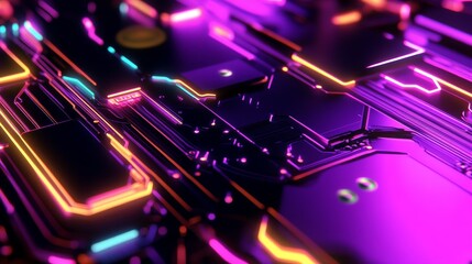 Poster - Close-up view of a vibrant, neon-lit circuit board showcasing intricate electronic pathways