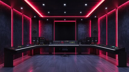 Poster - Dark neon-lit recording studio with sleek high-end synthesizers and futuristic design.