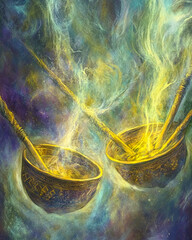 Poster - celestial beings harness energy auras with ancient tools in a cosmic field of sparkling galaxies
