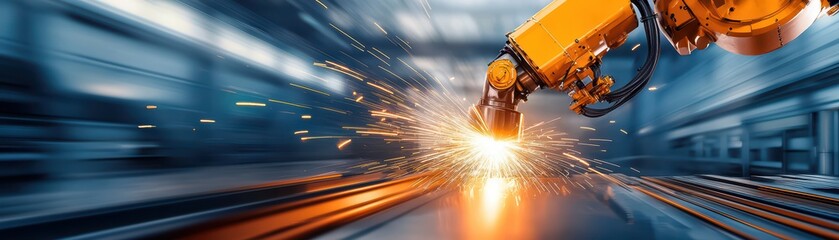 Poster - Unstoppable Industrial Machinery Concept with Powerful Robotic Arm in Motion Creating Sparks