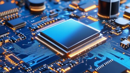 Poster - Close-up view of a microprocessor on a circuit board with glowing connections and components