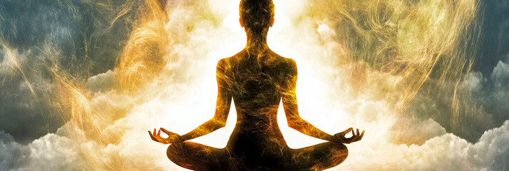 Poster - Silhouette Meditating in a Vibrant Qi Energy Environment During an Abstract Cosmic Moment
